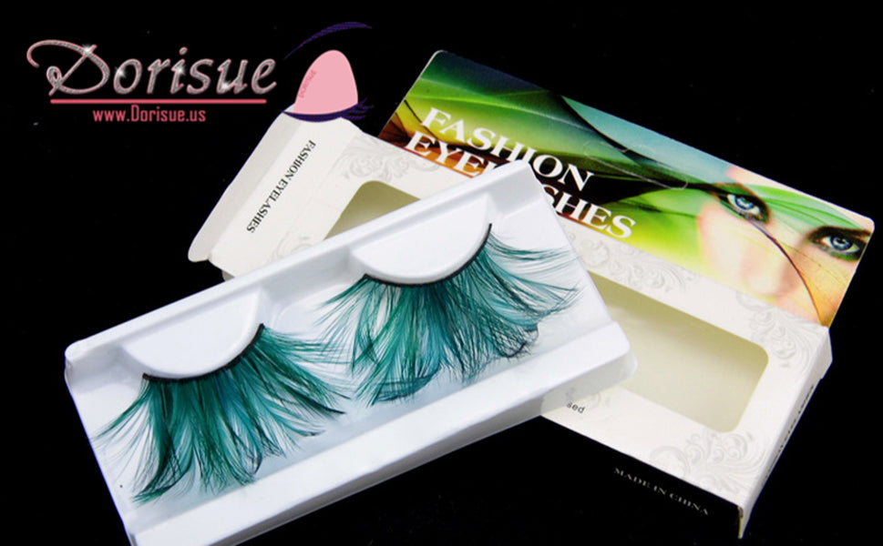 Double Lip Black WIth Green one pair Feather eyelashes Extra extension Halloween Green Feather Tip False Eyelashes Dance Halloween Costume