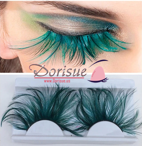 Double Lip Black WIth Green one pair Feather eyelashes Extra extension Halloween Green Feather Tip False Eyelashes Dance Halloween Costume