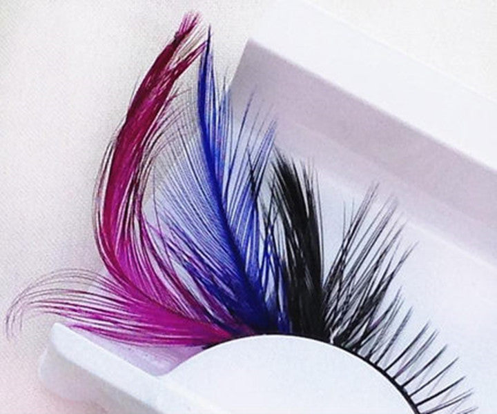 P4 One Pair Red Blue Feathered Eyelashes Coloured Rainbow show False Eyelash