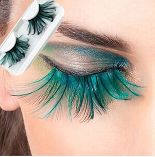 Double Lip Black WIth Green one pair Feather eyelashes Extra extension Halloween Green Feather Tip False Eyelashes Dance Halloween Costume